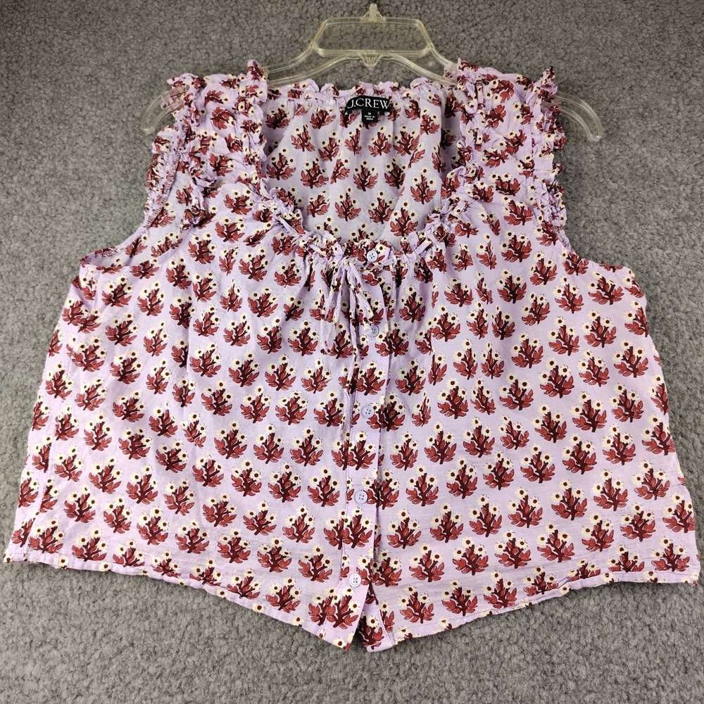 J.Crew ruffle Crop Top Button Front Floral Womens Medium Lavender Stretch Cotton